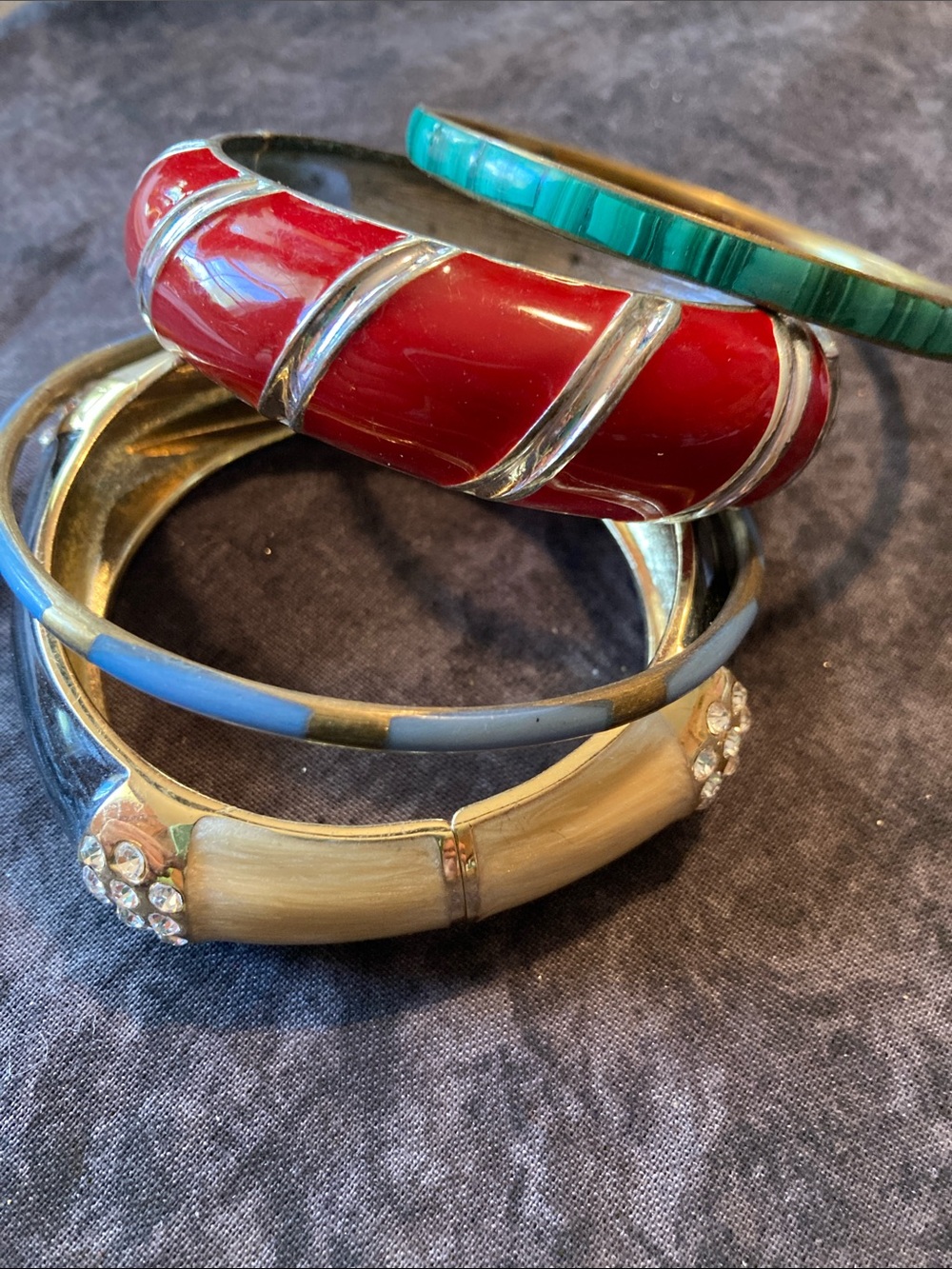 Four Enamel and Resin Bangle Bracelets Bundle - Red, Green, Blue, Cream